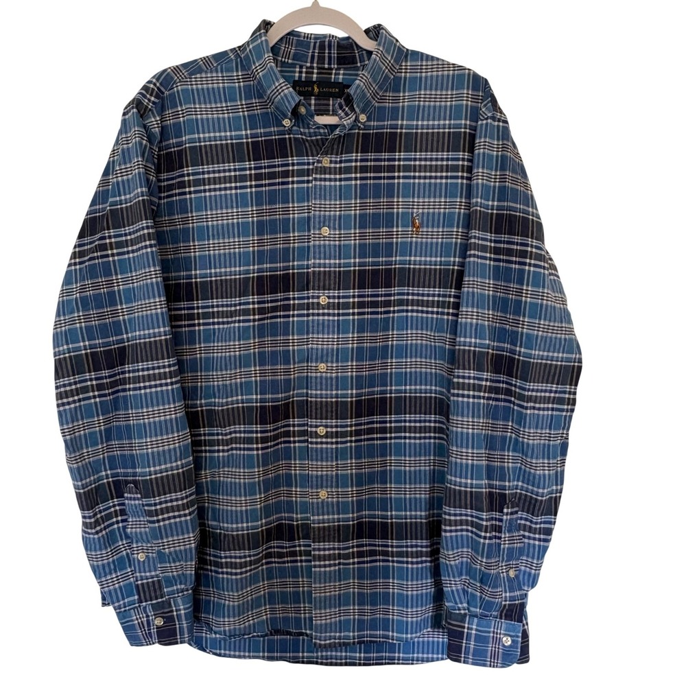 Vtg Polo Ralph Lauren Plaid Shirt L/S Blue Multi Color Pony Gorpcore Mens XL